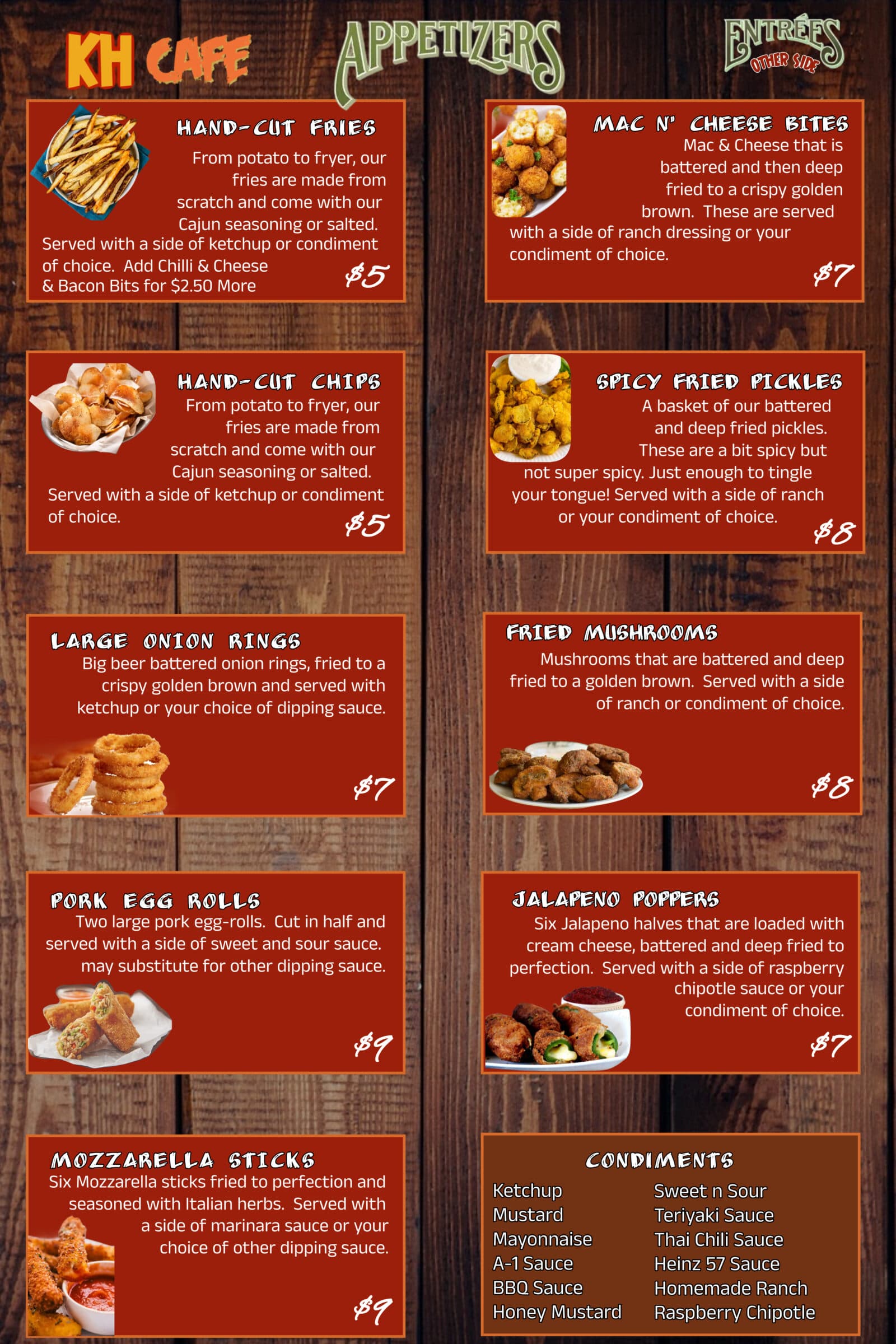 KH Café appetizers and condiments menu board
