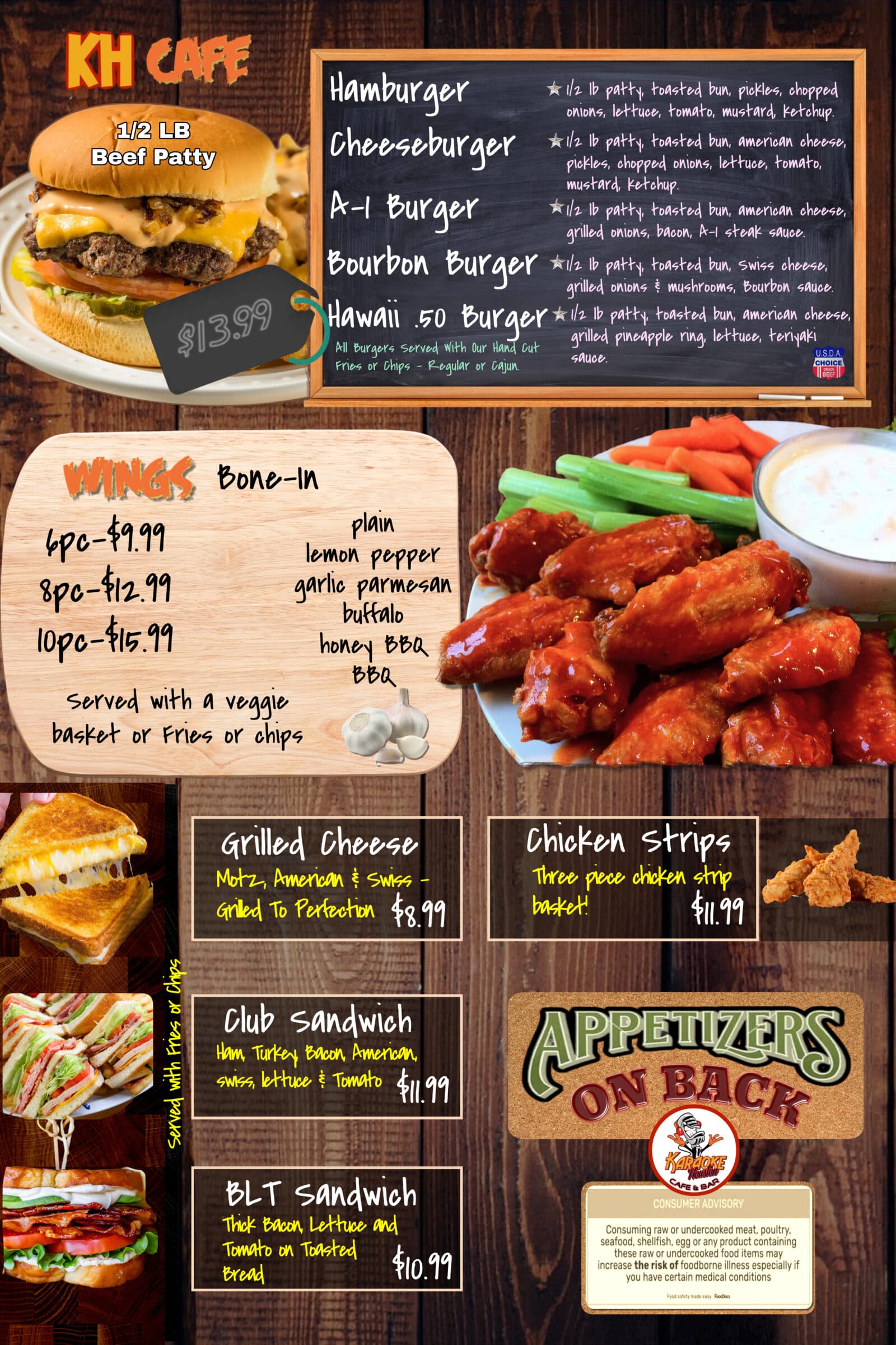 KH Café burgers, wings, and sandwiches menu board